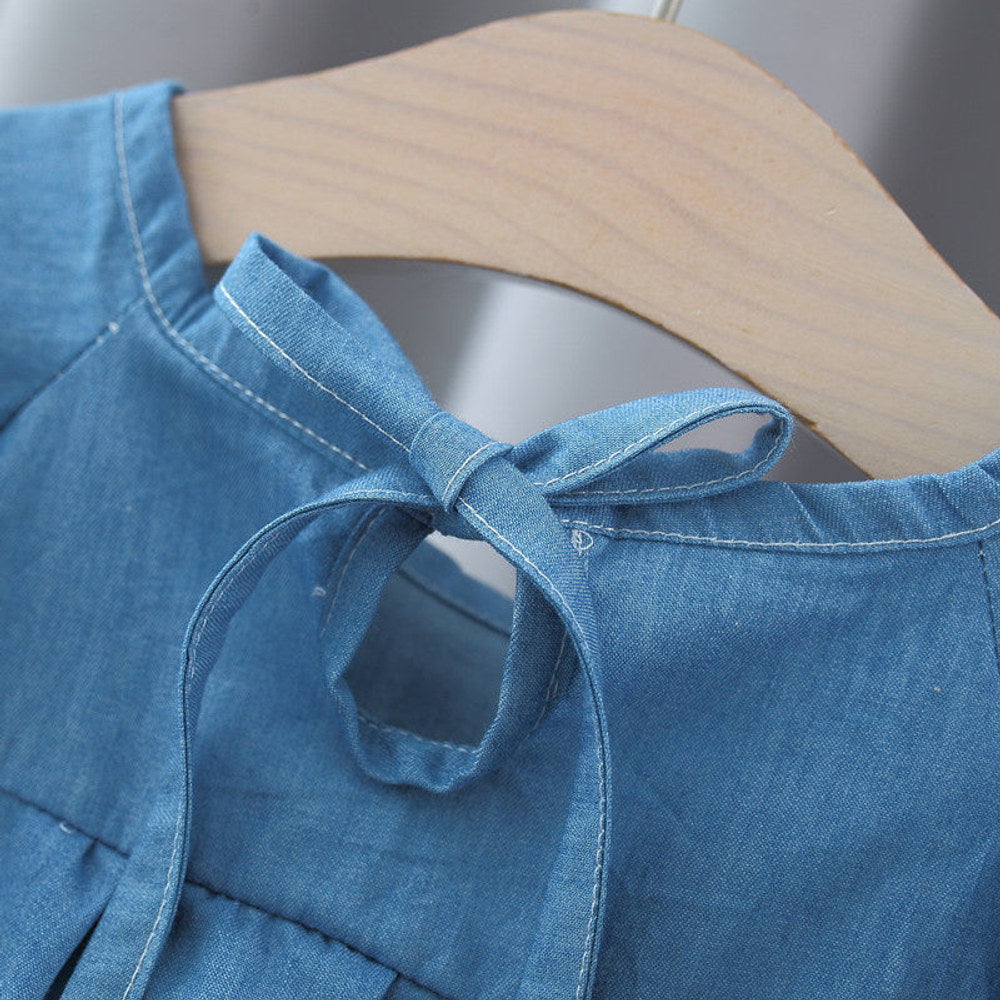 MyKids-USA® Baby Kids Girls Fly Sleeves Crew Neck Solid Color Denim Dress