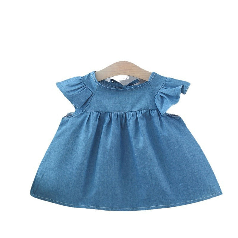 MyKids-USA® Baby Kids Girls Fly Sleeves Crew Neck Solid Color Denim Dress