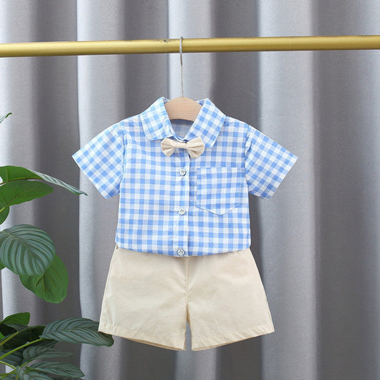 MyKids-USA® Baby Kids Boys Blue Plaid Pattern Turn-Down Collar Short Sleeves Shirt And Solid Color Shorts English Clothing Set
