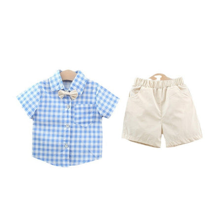 MyKids-USA® Baby Kids Boys Blue Plaid Pattern Turn-Down Collar Short Sleeves Shirt And Solid Color Shorts English Clothing Set