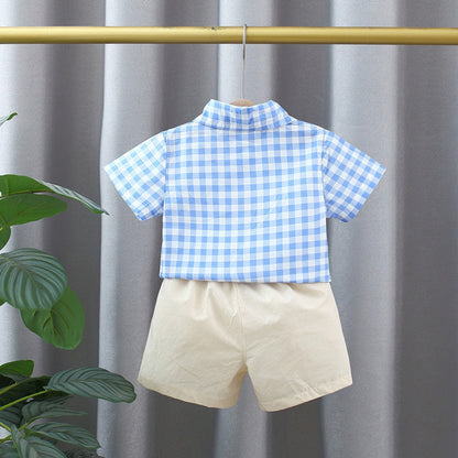 MyKids-USA® Baby Kids Boys Blue Plaid Pattern Turn-Down Collar Short Sleeves Shirt And Solid Color Shorts English Clothing Set
