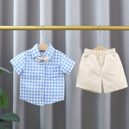 MyKids-USA® Baby Kids Boys Blue Plaid Pattern Turn-Down Collar Short Sleeves Shirt And Solid Color Shorts English Clothing Set