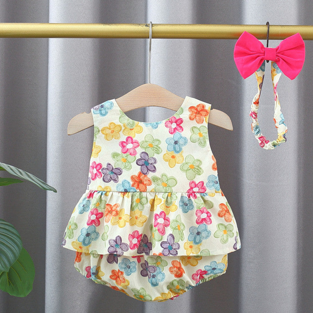 MyKids-USA® Baby Kids Girls Colorful Flowers Pattern Sleeveless Top Dress And Bloomers And Hairband Clothing Set