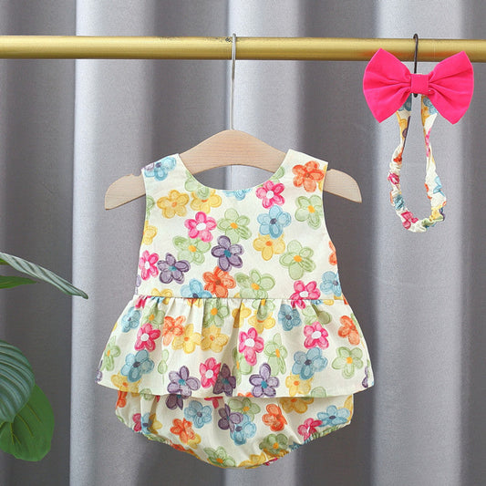 MyKids-USA® Baby Kids Girls Colorful Flowers Pattern Sleeveless Top Dress And Bloomers And Hairband Clothing Set