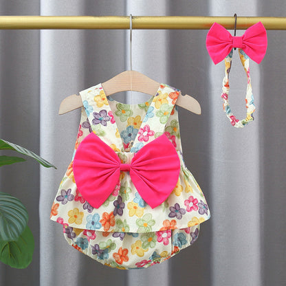 MyKids-USA® Baby Kids Girls Colorful Flowers Pattern Sleeveless Top Dress And Bloomers And Hairband Clothing Set