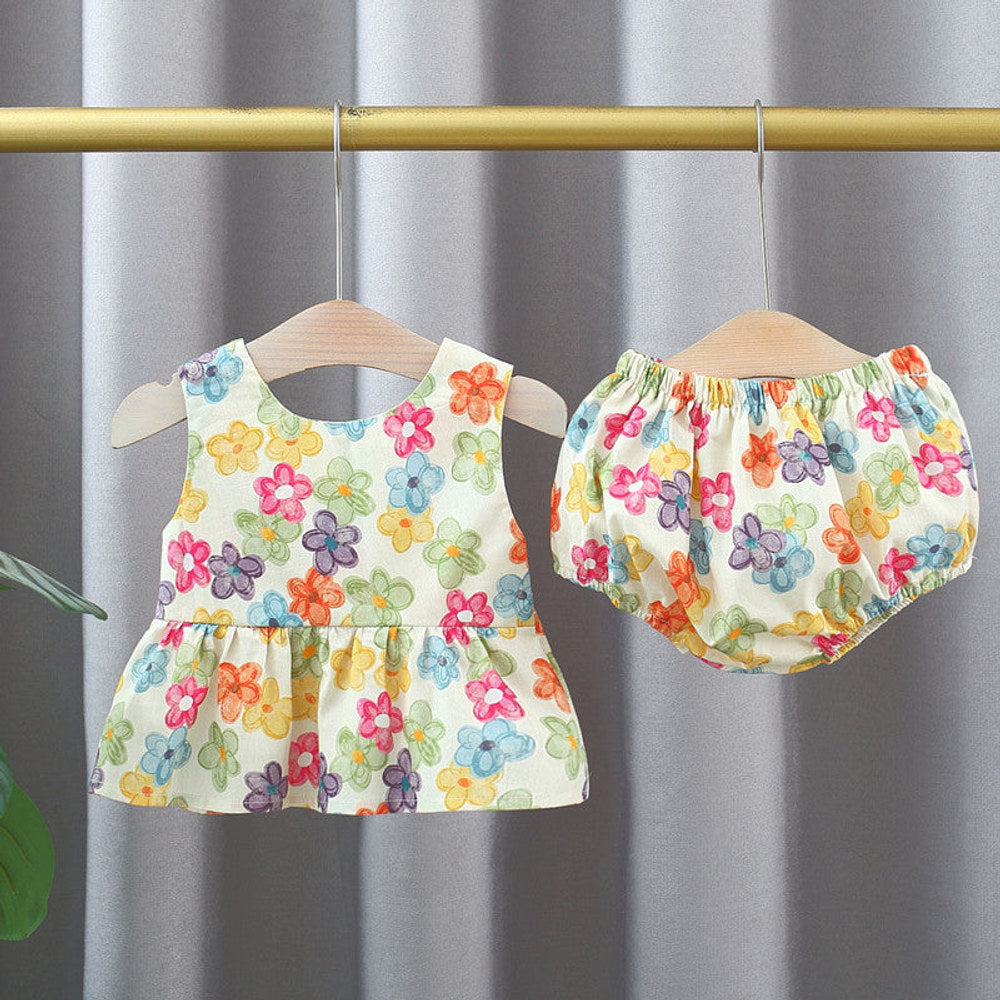 MyKids-USA® Baby Kids Girls Colorful Flowers Pattern Sleeveless Top Dress And Bloomers And Hairband Clothing Set