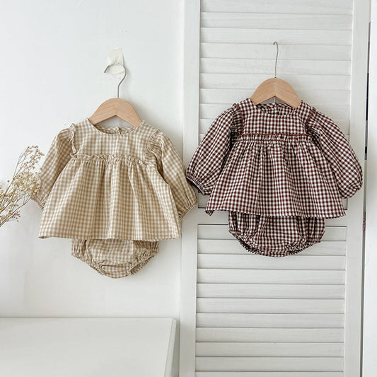 MyKids-USA® Autumn Hot Selling Baby Girls Long Sleeves Plaid Top Dress And Bloomer Clothing Set