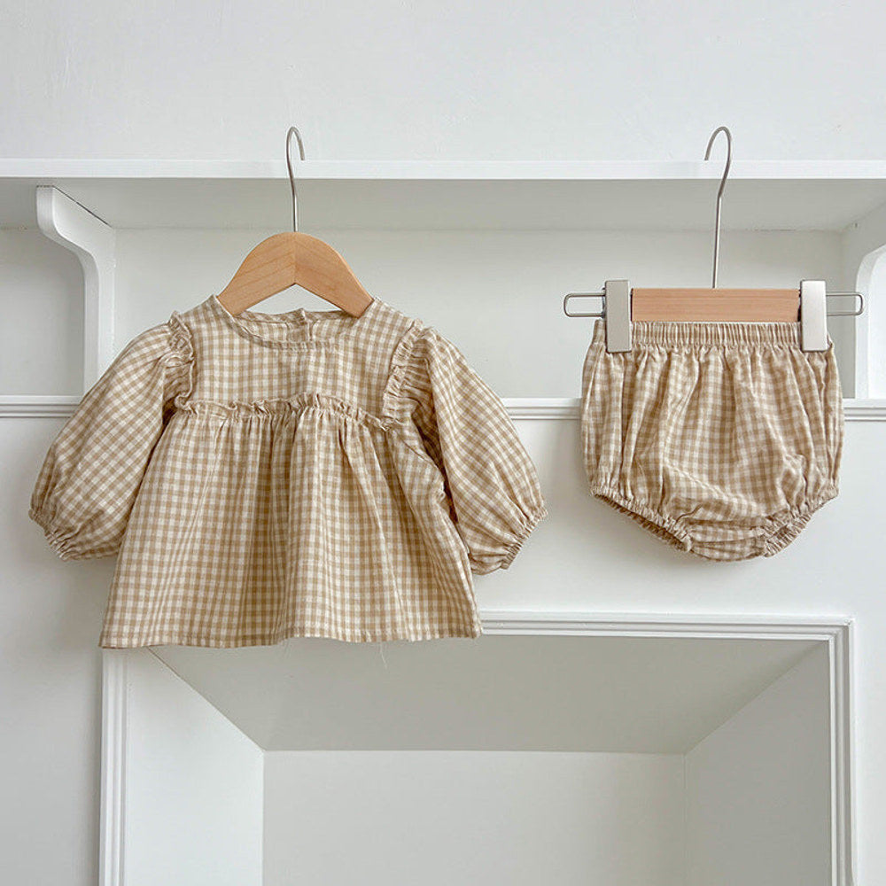 MyKids-USA® Autumn Hot Selling Baby Girls Long Sleeves Plaid Top Dress And Bloomer Clothing Set