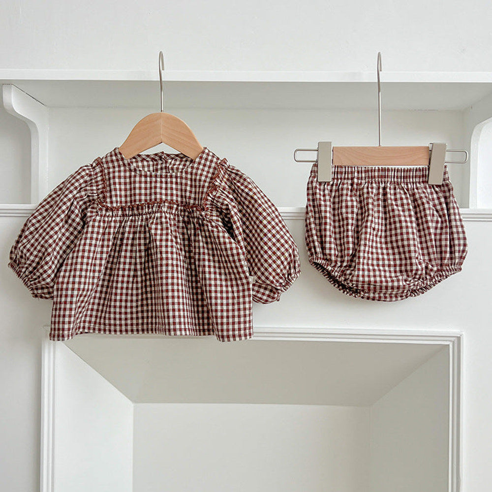 MyKids-USA® Autumn Hot Selling Baby Girls Long Sleeves Plaid Top Dress And Bloomer Clothing Set