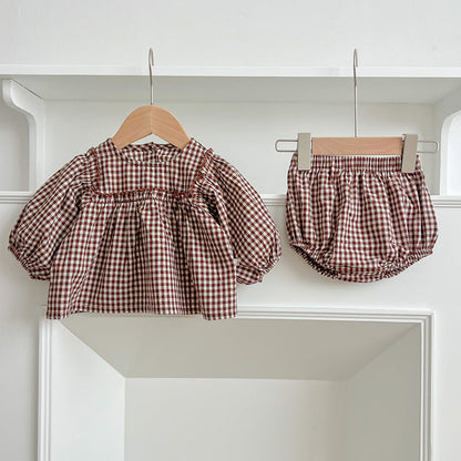 MyKids-USA® Autumn Hot Selling Baby Girls Long Sleeves Plaid Top Dress And Bloomer Clothing Set
