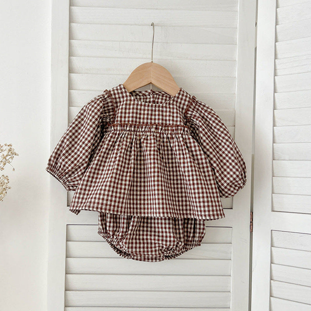 MyKids-USA® Autumn Hot Selling Baby Girls Long Sleeves Plaid Top Dress And Bloomer Clothing Set