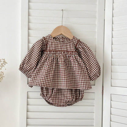 MyKids-USA® Autumn Hot Selling Baby Girls Long Sleeves Plaid Top Dress And Bloomer Clothing Set