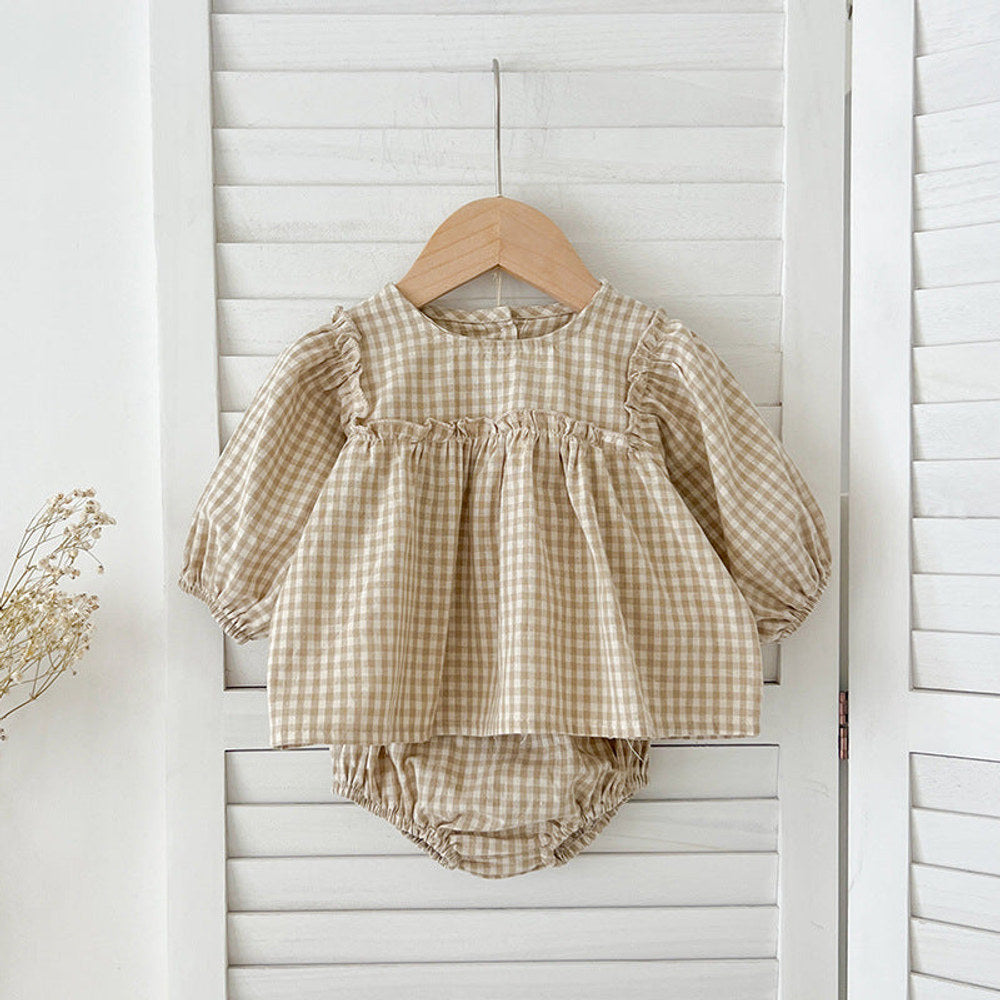 MyKids-USA® Autumn Hot Selling Baby Girls Long Sleeves Plaid Top Dress And Bloomer Clothing Set