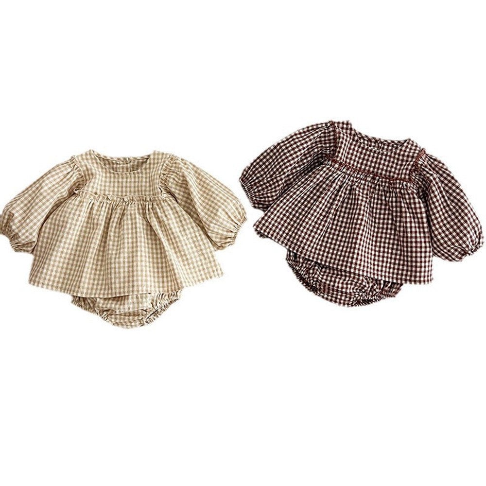 MyKids-USA® Autumn Hot Selling Baby Girls Long Sleeves Plaid Top Dress And Bloomer Clothing Set