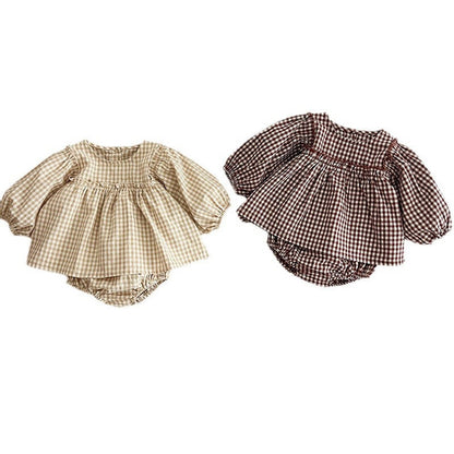 MyKids-USA® Autumn Hot Selling Baby Girls Long Sleeves Plaid Top Dress And Bloomer Clothing Set