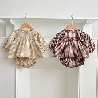 MyKids-USA® Autumn Hot Selling Baby Girls Long Sleeves Plaid Top Dress And Bloomer Clothing Set