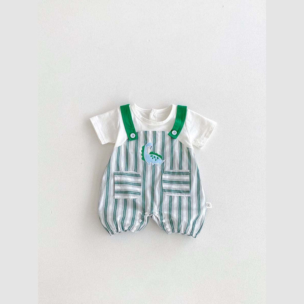 MyKids-USA® Design Baby Unisex Green Striped Sleeveless Overalls bodysuit And Short Sleeves T-Shirt Clothing Set