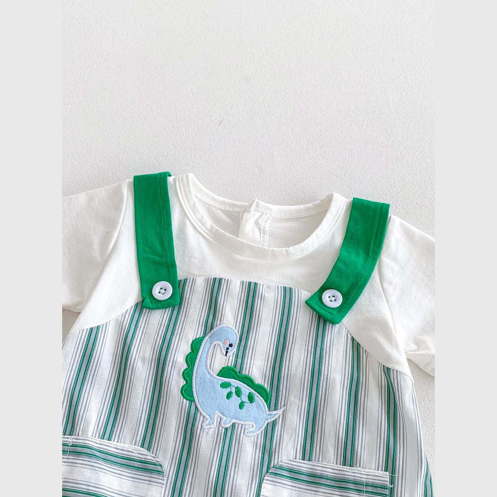 MyKids-USA® Design Baby Unisex Green Striped Sleeveless Overalls bodysuit And Short Sleeves T-Shirt Clothing Set