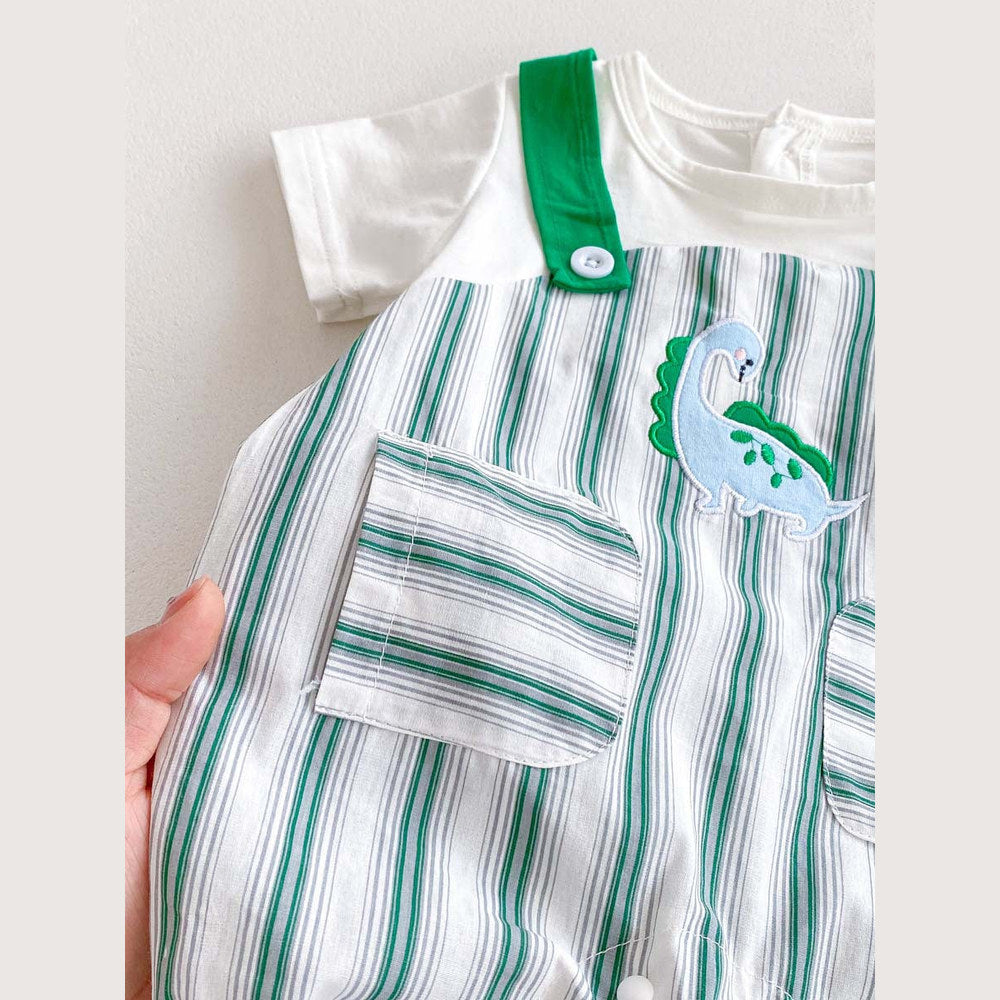 MyKids-USA® Design Baby Unisex Green Striped Sleeveless Overalls bodysuit And Short Sleeves T-Shirt Clothing Set