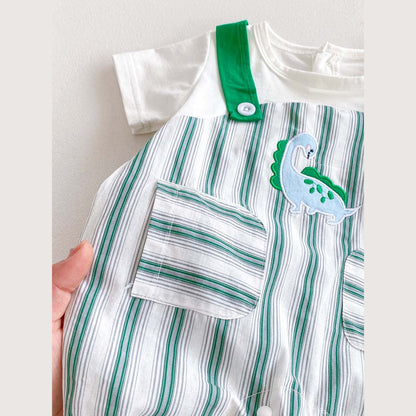 MyKids-USA® Design Baby Unisex Green Striped Sleeveless Overalls bodysuit And Short Sleeves T-Shirt Clothing Set