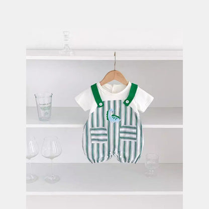 MyKids-USA® Design Baby Unisex Green Striped Sleeveless Overalls bodysuit And Short Sleeves T-Shirt Clothing Set