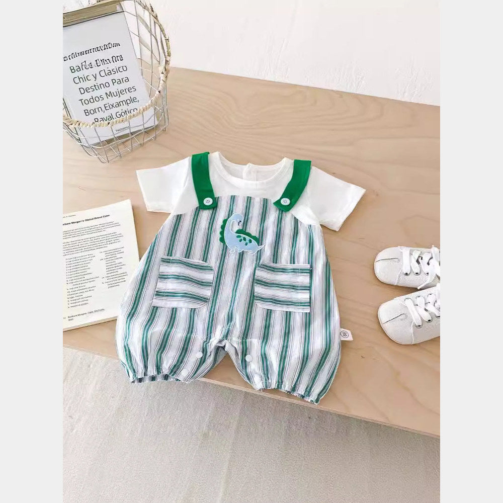 MyKids-USA® Design Baby Unisex Green Striped Sleeveless Overalls bodysuit And Short Sleeves T-Shirt Clothing Set
