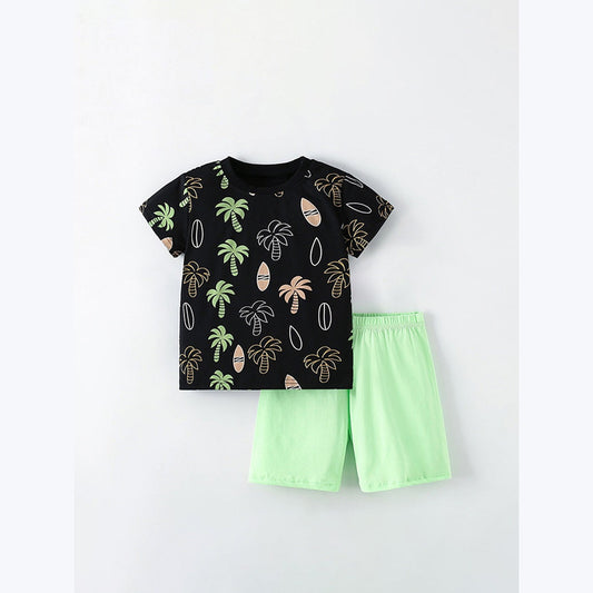 MyKids-USA® Baby Kids Unisex Tropical Coconut Tree Pattern Short Sleeves T-Shirt And Solid Color Shorts Casual Clothing Set