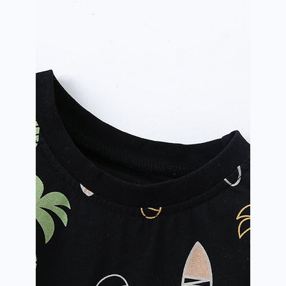 MyKids-USA® Baby Kids Unisex Tropical Coconut Tree Pattern Short Sleeves T-Shirt And Solid Color Shorts Casual Clothing Set