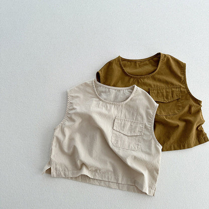 MyKids-USA® Kids Unisex Crew Neck Sleeveless Thin Solid Color Top Vest With Pocket