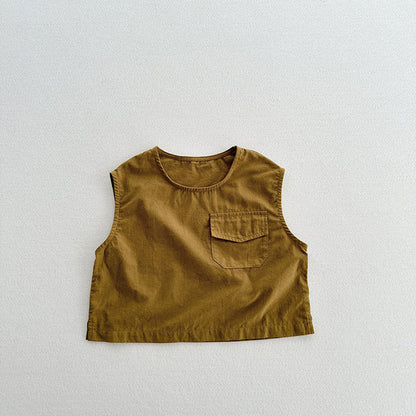 MyKids-USA® Kids Unisex Crew Neck Sleeveless Thin Solid Color Top Vest With Pocket