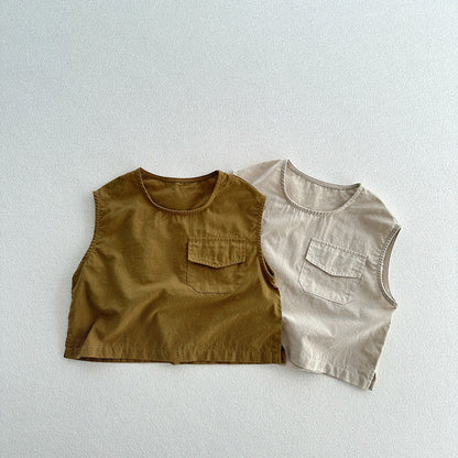 MyKids-USA® Kids Unisex Crew Neck Sleeveless Thin Solid Color Top Vest With Pocket