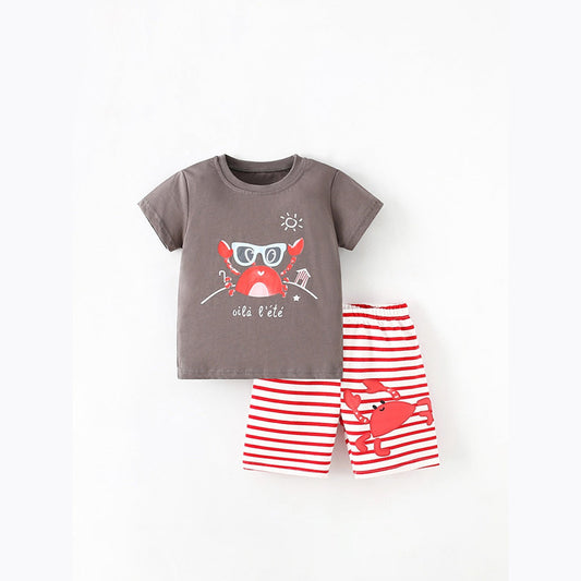 MyKids-USA® Baby Kids Girls Crab Cartoon Pattern Short Sleeves T-Shirt And Striped Shorts Casual Clothing Set