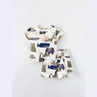MyKids-USA® Baby Kids Unisex Abstract Animals Cartoon Pattern Short Sleeves T-Shirt And Shorts Casual Clothing Set