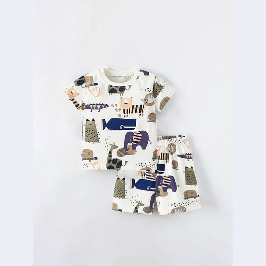 MyKids-USA® Baby Kids Unisex Abstract Animals Cartoon Pattern Short Sleeves T-Shirt And Shorts Casual Clothing Set