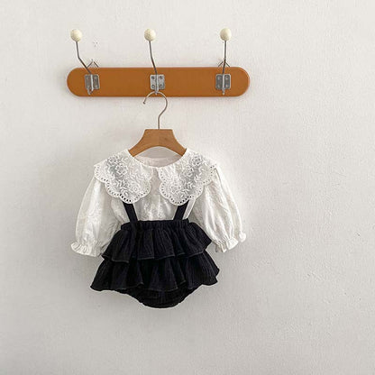 MyKids-USA® Baby Kids Girls Solid Color Floral Hollow Out Pattern Long Sleeves Shirt or Ruffle Overalls bodysuit – Sister Matching