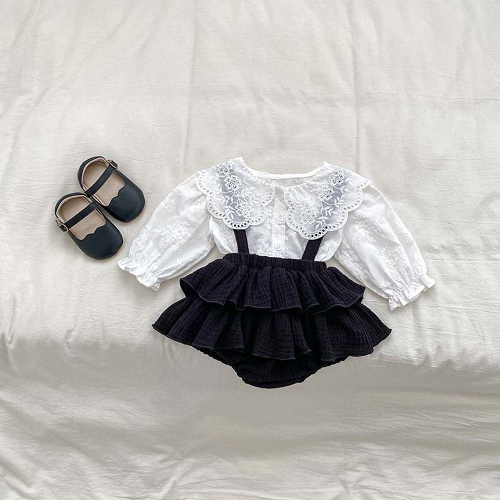 MyKids-USA® Baby Kids Girls Solid Color Floral Hollow Out Pattern Long Sleeves Shirt or Ruffle Overalls bodysuit – Sister Matching