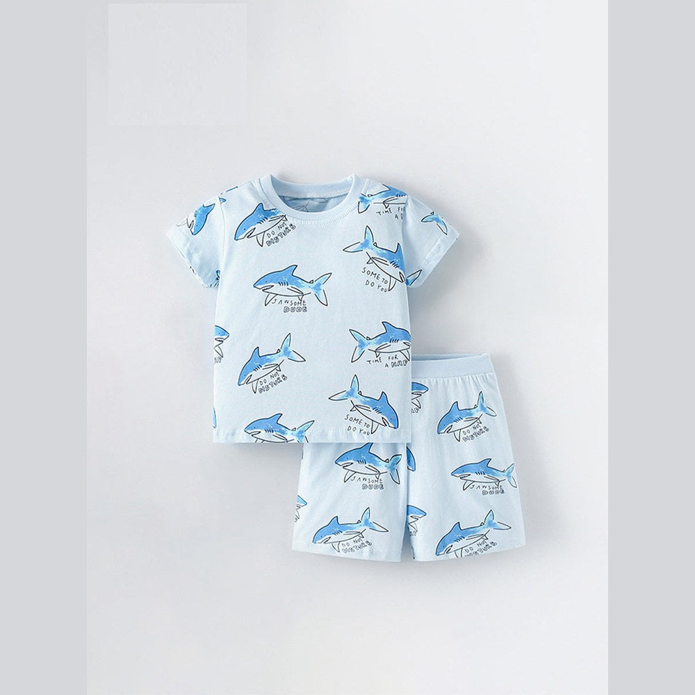 MyKids-USA® Baby Kids Unisex Marine Sharks Animals Cartoon Pattern Short Sleeves T-Shirt And Shorts Casual Clothing Set