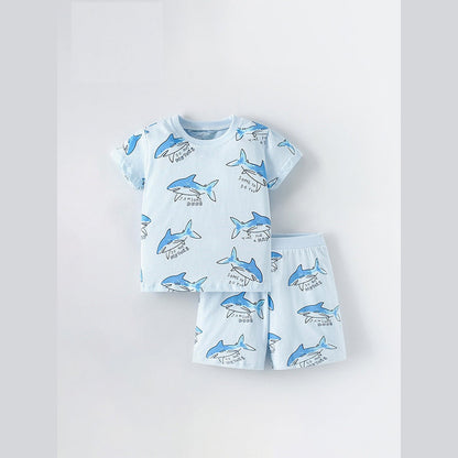 MyKids-USA® Baby Kids Unisex Marine Sharks Animals Cartoon Pattern Short Sleeves T-Shirt And Shorts Casual Clothing Set