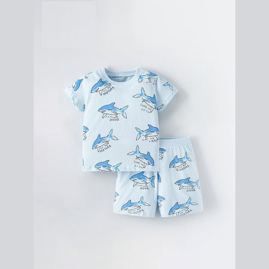 MyKids-USA® Baby Kids Unisex Marine Sharks Animals Cartoon Pattern Short Sleeves T-Shirt And Shorts Casual Clothing Set