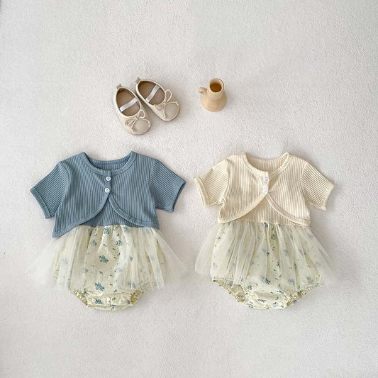 MyKids-USA® Baby Kids Girls Solid Color Short Sleeves Cardigan And Sleeveless Strap Tulle bodysuit – Sister Matching Set