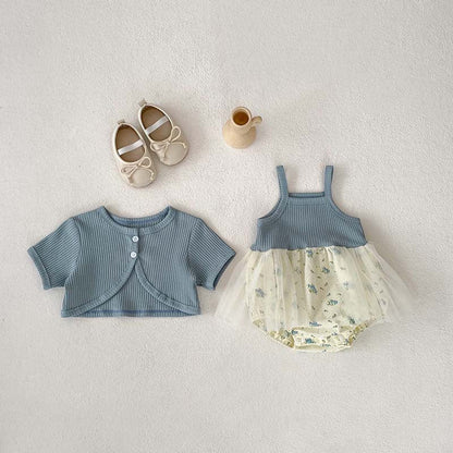 MyKids-USA® Baby Kids Girls Solid Color Short Sleeves Cardigan And Sleeveless Strap Tulle bodysuit – Sister Matching Set