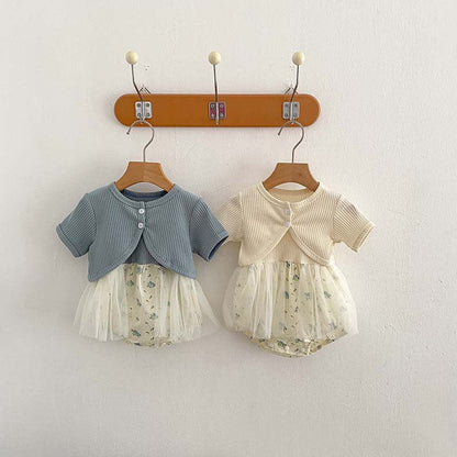 MyKids-USA® Baby Kids Girls Solid Color Short Sleeves Cardigan And Sleeveless Strap Tulle bodysuit – Sister Matching Set