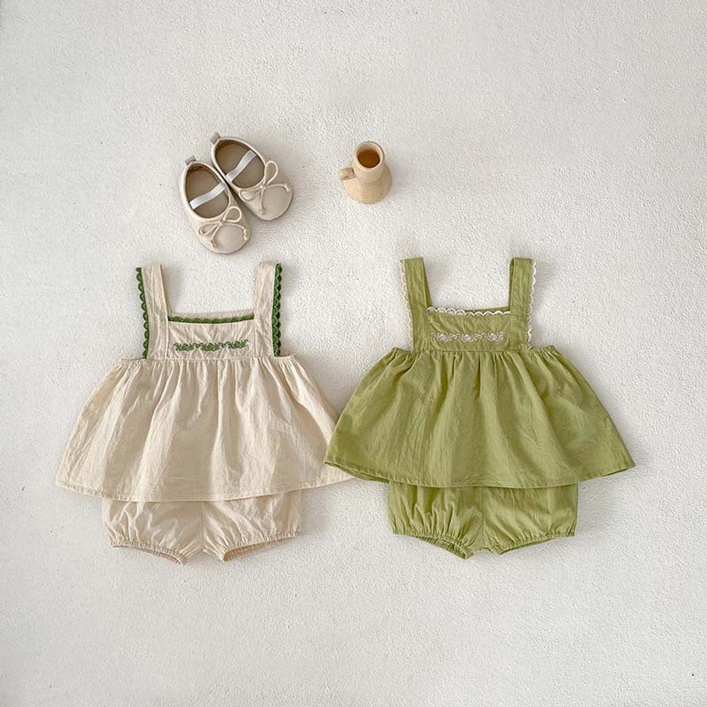 MyKids-USA® Summer Baby Girls Sleeveless Lace Trim Strap Top Dress And Bloomers Clothing Set