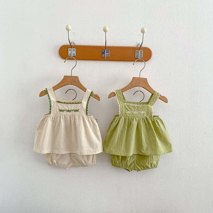 MyKids-USA® Summer Baby Girls Sleeveless Lace Trim Strap Top Dress And Bloomers Clothing Set