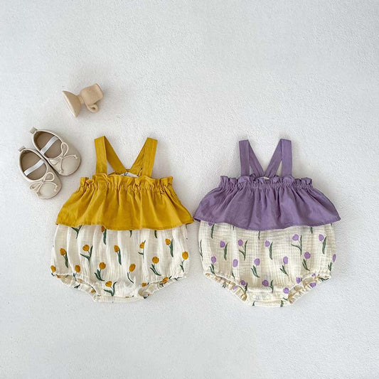 MyKids-USA® Baby Girls Sleeveless Flowers Pattern Color Patchwork Strap bodysuit