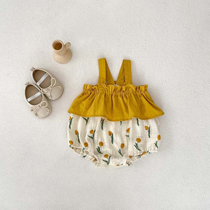 MyKids-USA® Baby Girls Sleeveless Flowers Pattern Color Patchwork Strap bodysuit