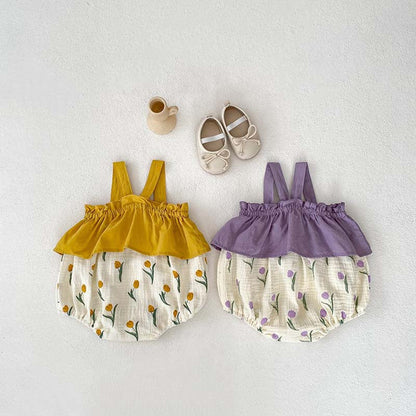 MyKids-USA® Baby Girls Sleeveless Flowers Pattern Color Patchwork Strap bodysuit