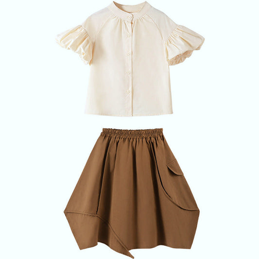 MyKids-USA® Girls Solid Color Single Breasted Short Sleeves Shirt And Irregular Skirt Clothing Set