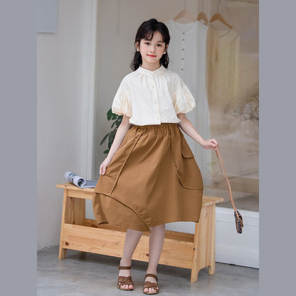 MyKids-USA® Girls Solid Color Single Breasted Short Sleeves Shirt And Irregular Skirt Clothing Set