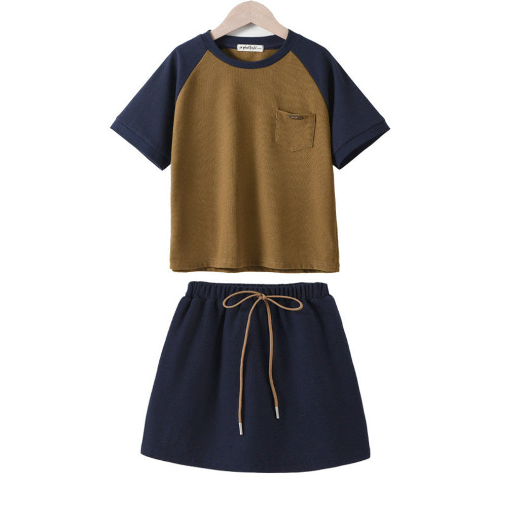 MyKids-USA® Girls Color Patchwork Short Sleeves T-Shirt And Solid Color Skirt Clothing Set